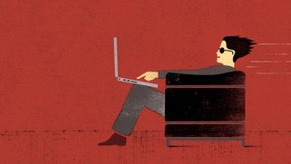 Illustration of man sitting in a chair, pressing a button on his laptop, and being blown away.