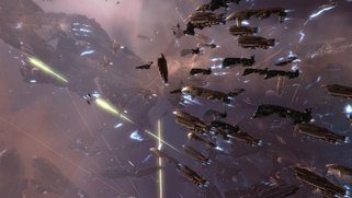 Screenshot of Eve Online video game where space ships battle in outer space.